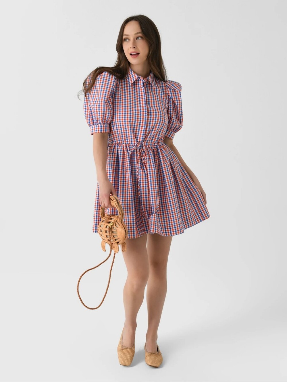 HUNTER BELL McCauley Dress Gingham Puff-Sleeve Drawstring Size Large